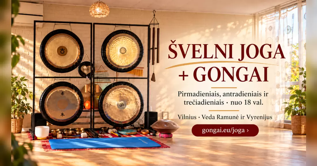 Švelni joga + gongai Vilniuje – 2026 m. spalio 5 d., pirmadienis